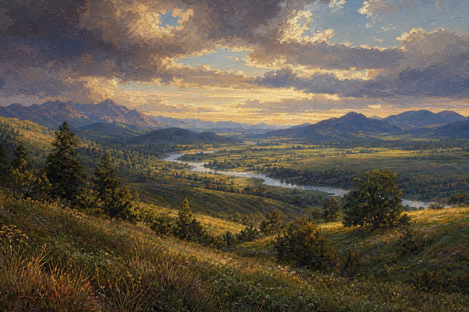 Impasto painting of a wide river valley under a late evening sky